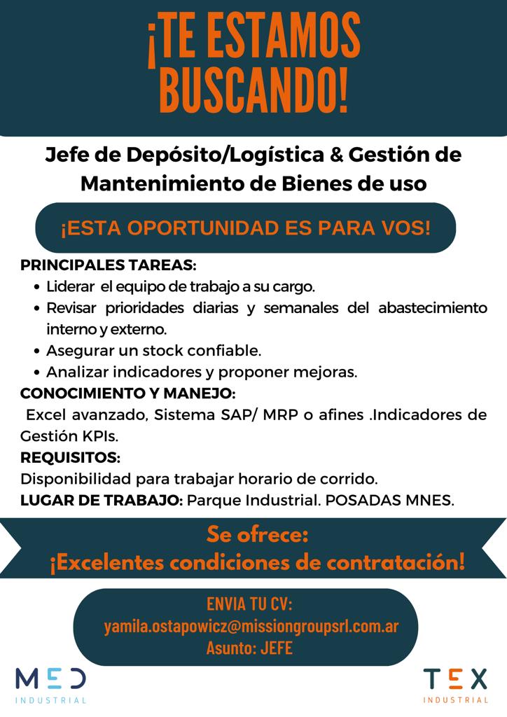 Empleo: necesitan Jefe de Depósito / Logística y Gestión de Mantenimiento de Bienes de Uso imagen-2