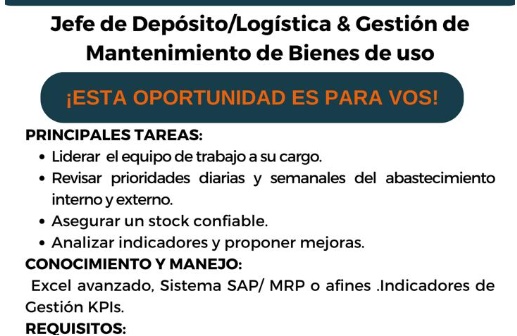 Empleo: necesitan Jefe de Depósito / Logística y Gestión de Mantenimiento de Bienes de Uso imagen-30