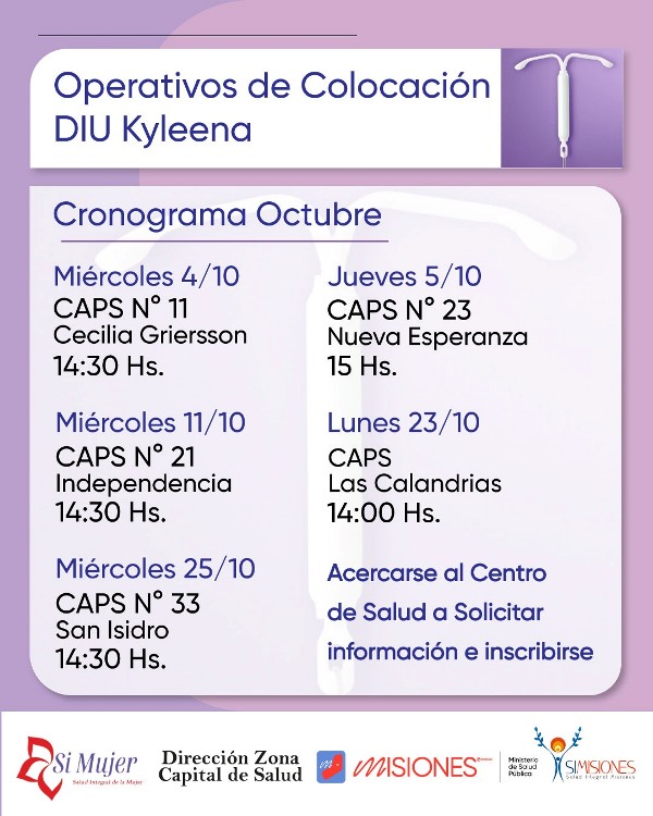 Octubre: dónde y cuándo se realizarán operativos de colocación de DIU en Zona Capital imagen-2