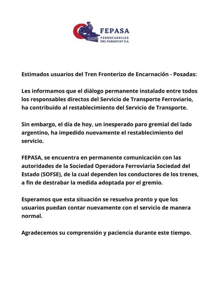 También en Paraguay esperan que se levante el paro y se reanude el servicio Posadas-Encarnación imagen-2