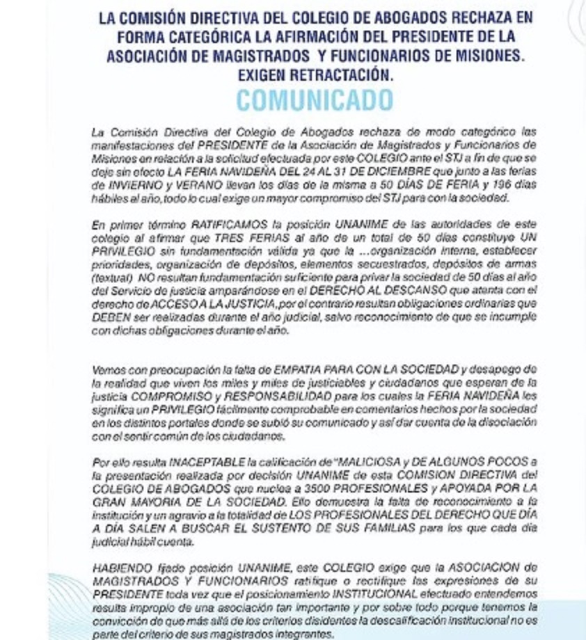 Feria Judicial: Comisión Directiva del Colegio de Abogados rechaza declaraciones del titular de Magistrados y Funcionarios y pide "retractación" imagen-4