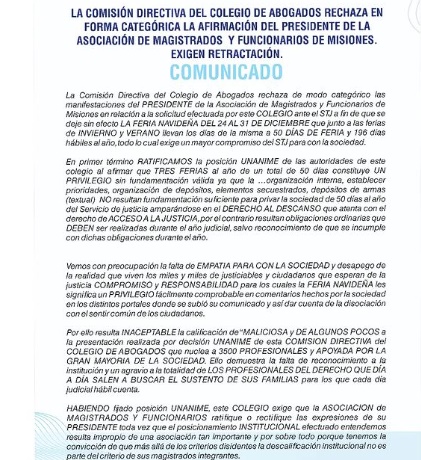 Feria Judicial: Comisión Directiva del Colegio de Abogados rechaza declaraciones del titular de Magistrados y Funcionarios y pide "retractación" imagen-2