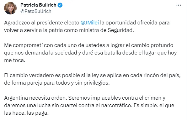 Confirmado: Patricia Bullrich será la ministra de Seguridad de Javier Milei imagen-2