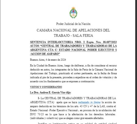 DNU de Milei: la Cámara del Trabajo suspendió de nuevo la reforma laboral, ahora por una denuncia de la CTA DNU de Milei: la Cámara del Trabajo suspendió de nuevo la reforma laboral, ahora por una denuncia de la CTA imagen-1