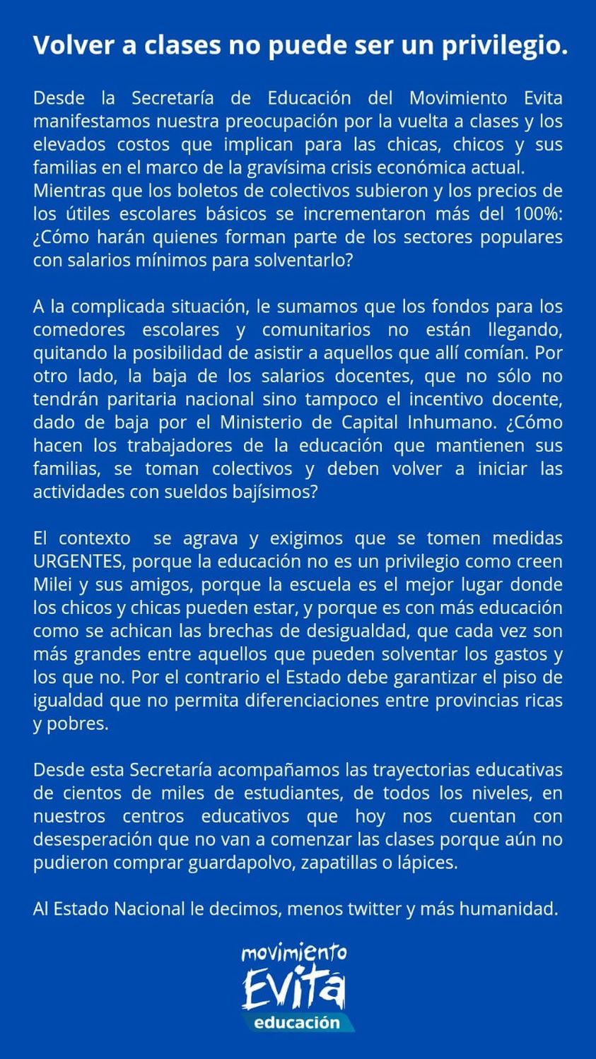 La Secretaría de Educación del Movimiento Evita expresó su preocupación por la vuelta a clases y el incumplimiento salarial del Estado imagen-2