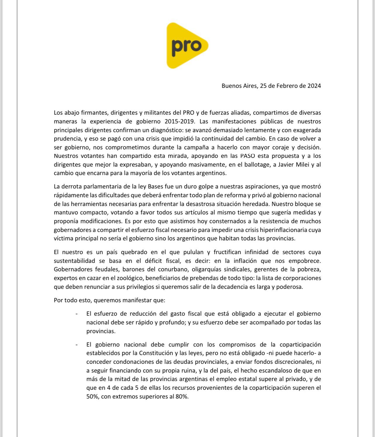 Documento del PRO para respaldar a Milei en medio de la pelea con Chubut por la coparticipación imagen-2