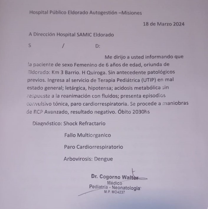 Dengue: niña de seis años falleció en el Hospital Samic de Eldorado imagen-2