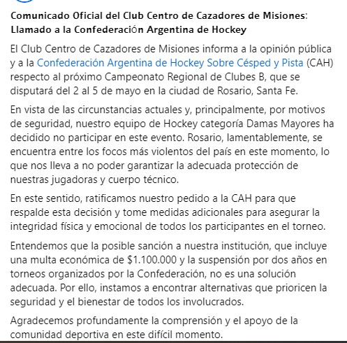 El Club de Cazadores no participará del Campeonato Regional de Hockey en Rosario para garantizar la seguridad de las jugadoras y del cuerpo técnico imagen-2
