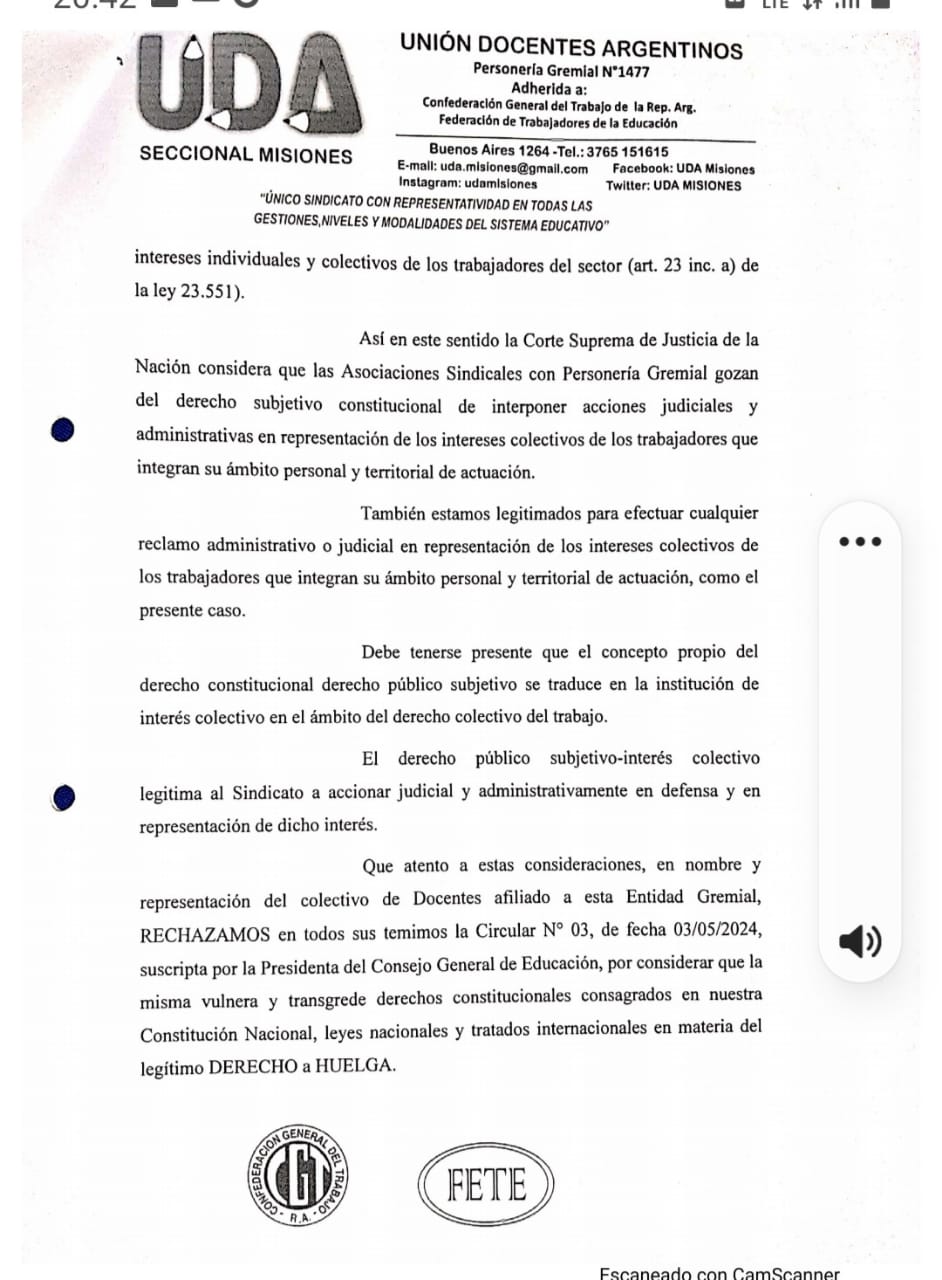 UDA Misiones rechaza Circular 03 del CGE porque "vulnera el derecho a huelga garantizado en el artículo 14 de la Constitución Nacional" imagen-4
