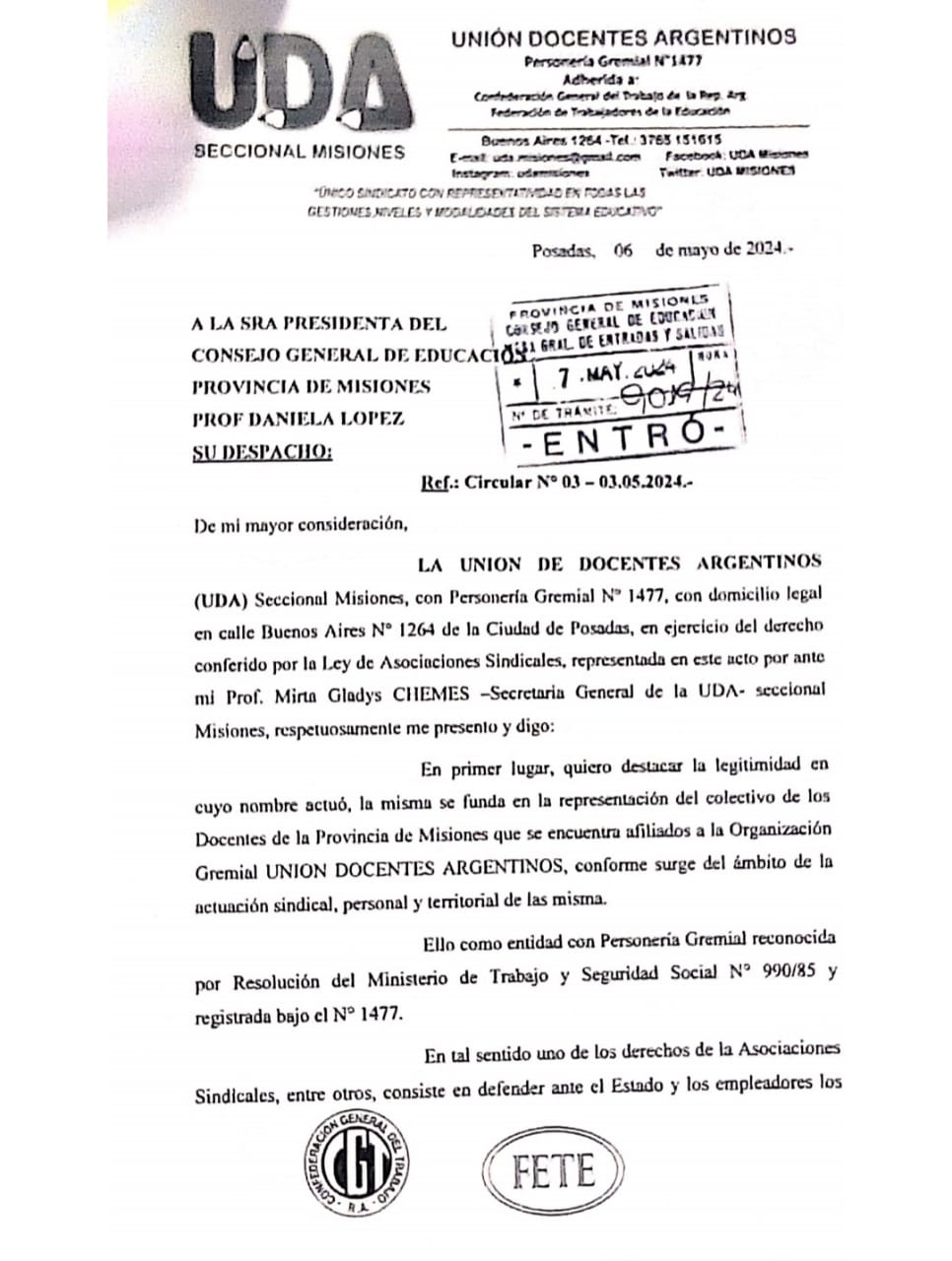 UDA Misiones rechaza Circular 03 del CGE porque "vulnera el derecho a huelga garantizado en el artículo 14 de la Constitución Nacional" imagen-2