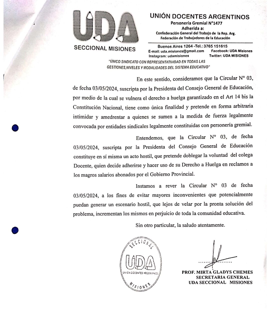 UDA Misiones rechaza Circular 03 del CGE porque "vulnera el derecho a huelga garantizado en el artículo 14 de la Constitución Nacional" imagen-6