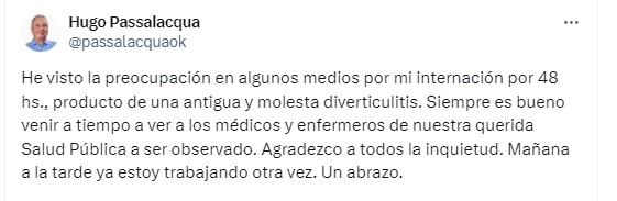 Passalacqua informó sobre su internación por 48 horas imagen-2