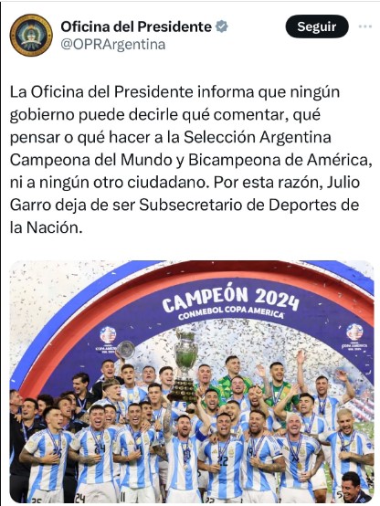 Milei echó al Subsecretario de Deportes que criticó a Messi: “Ningún Gobierno puede decirle qué decir a la Selección” imagen-2