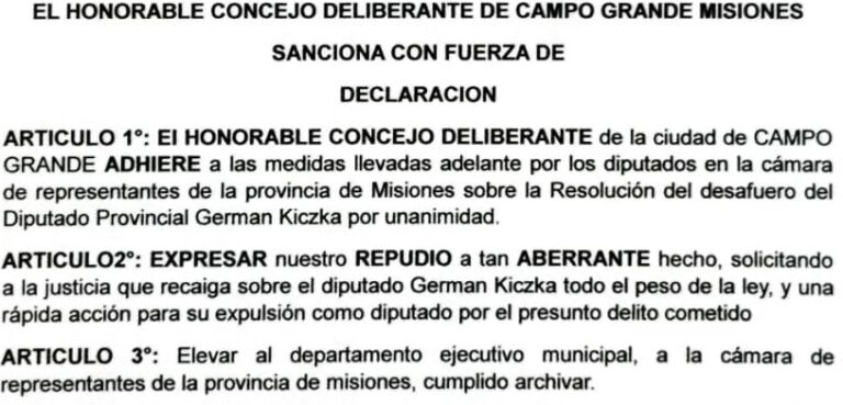 Concejo Deliberante de Campo Grande repudió a Germán Kiczka y pidió condena y destitución imagen-26