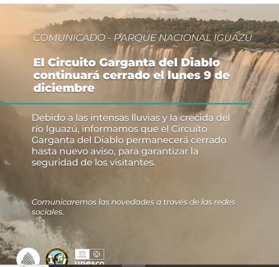 Cataratas: el circuito Garganta del Diablo permanecerá cerrado al público este lunes imagen-2