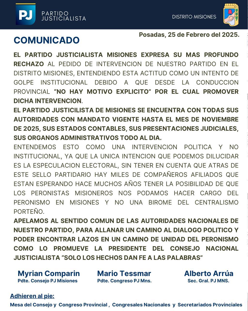 Enérgico rechazo del PJ Misiones a la intervención considerándola un “golpe institucional” imagen-2