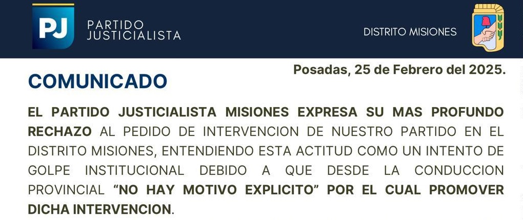 Enérgico rechazo del PJ Misiones a la intervención considerándola un “golpe institucional” imagen-6