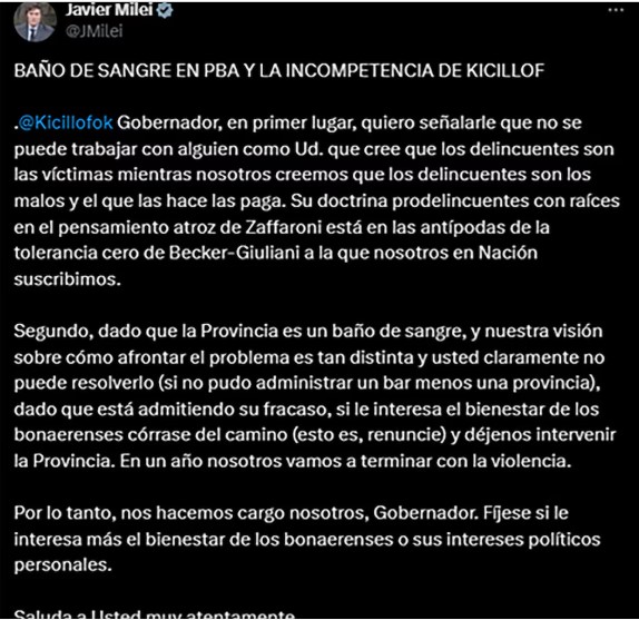 Milei pidió la renuncia del gobernador Kicillof y propuso intervenir la provincia de Buenos Aires imagen-2