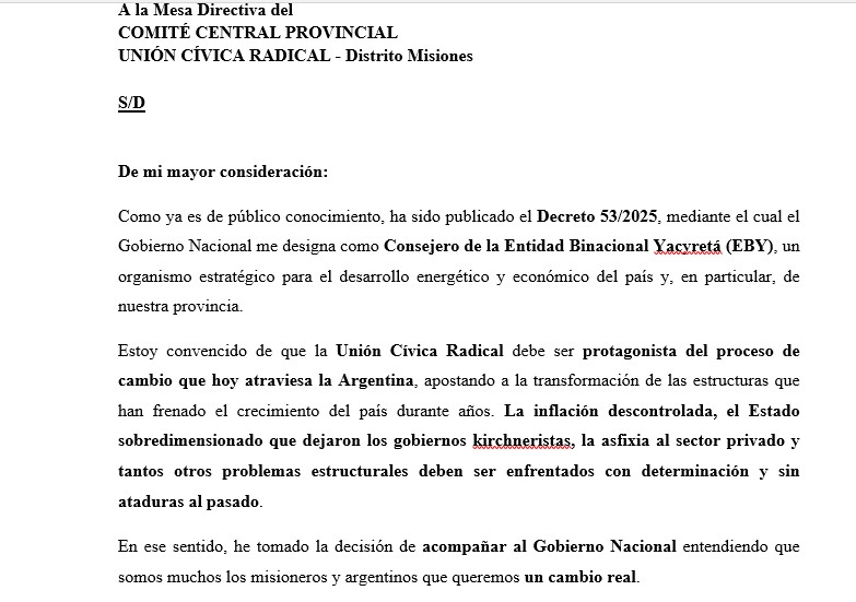 Rodrigo De Arrechea renunció a la Presidencia de la UCR Misiones para asumir como Consejero de la EBY propuesto por la Libertad Avanza imagen-2