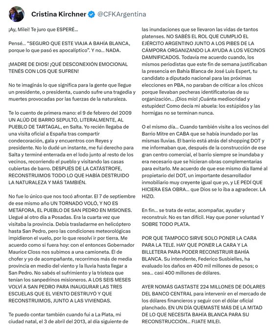 Cristina Kirchner criticó a Milei porque no viajó a Bahía Blanca y recordó su presencia en San Pedro tras el feroz tornado de 2009 imagen-4