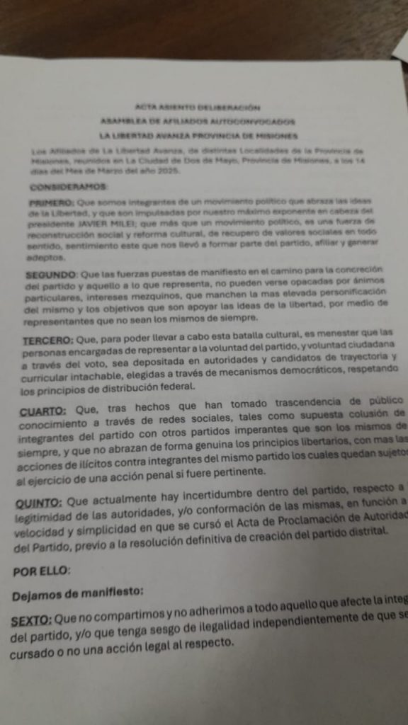 Afiliados de La Libertad Avanza piden la renuncia del presidente del partido Distrito Misiones, Adrián Nuñez imagen-4