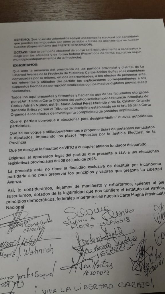 Afiliados de La Libertad Avanza piden la renuncia del presidente del partido Distrito Misiones, Adrián Nuñez imagen-6