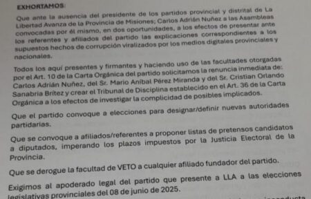 Afiliados de La Libertad Avanza piden la renuncia del presidente del partido Distrito Misiones, Adrián Nuñez imagen-2