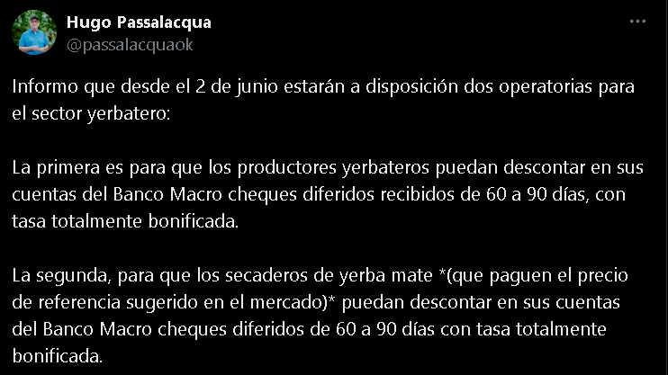 Alivio al sector yerbatero: tras gestiones de Passalacqua, productores y secaderos podrán cobrar cheques diferidos con tasa totalmente bonificada imagen-2