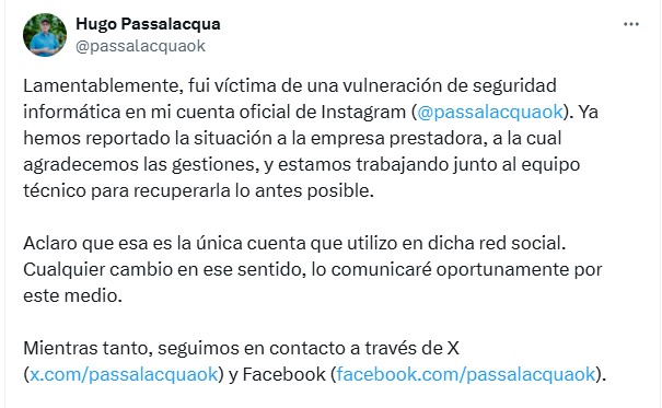 Passalacqua fue víctima de una vulneración de seguridad informática en su cuenta de Instagram 3 Passalacqua fue víctima de una vulneración de seguridad informática en su cuenta de Instagram imagen-2