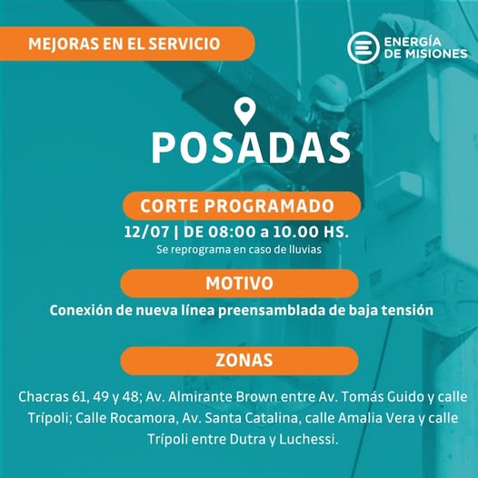 Cortes de energía eléctrica afectarán algunas Chacras de Posadas este sábado por la mañana imagen-4