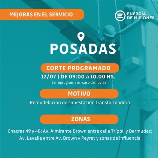 Cortes de energía eléctrica afectarán algunas Chacras de Posadas este sábado por la mañana imagen-2