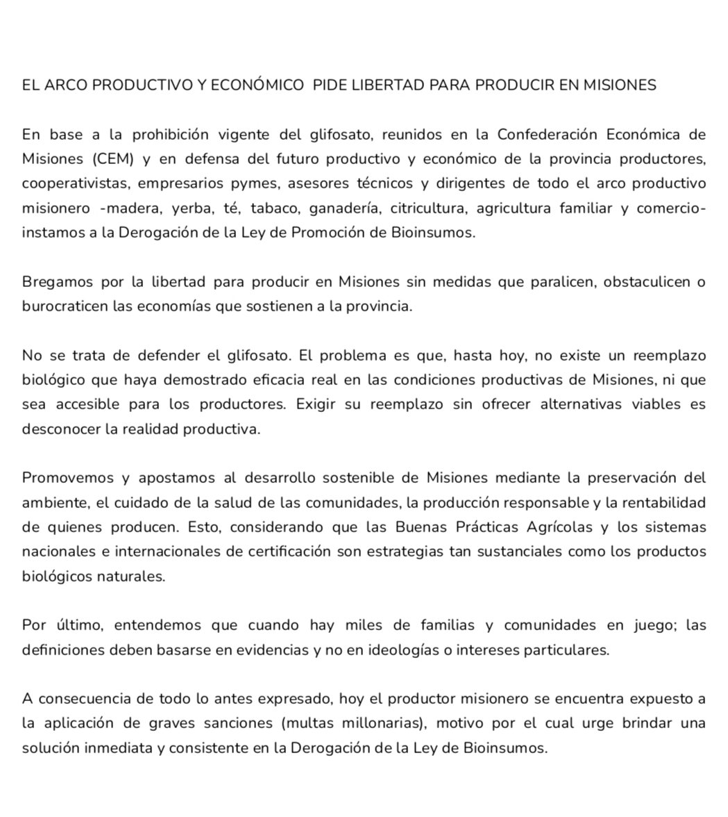 La Confederación Económica de Misiones y productores piden la derogación de la ley de bioinsumos por falta de alternativas viables al glifosato 3 La Confederación Económica de Misiones y productores piden la derogación de la ley de bioinsumos por falta de alternativas viables al glifosato imagen-2