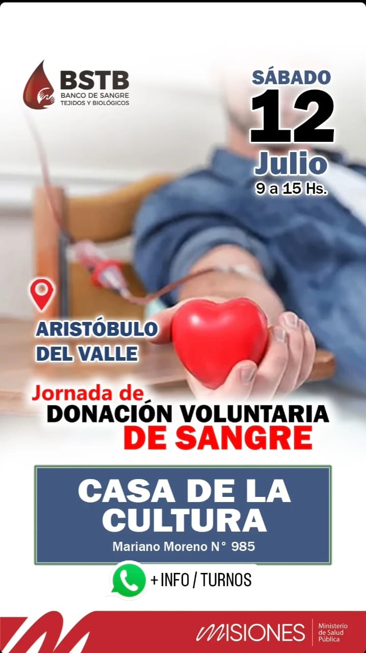 Julio solidario: habrá jornadas de donación de sangre en Posadas, Aristóbulo del Valle, 25 de Mayo y San Pedro 9 Julio solidario: habrá jornadas de donación de sangre en Posadas, Aristóbulo del Valle, 25 de Mayo y San Pedro imagen-8