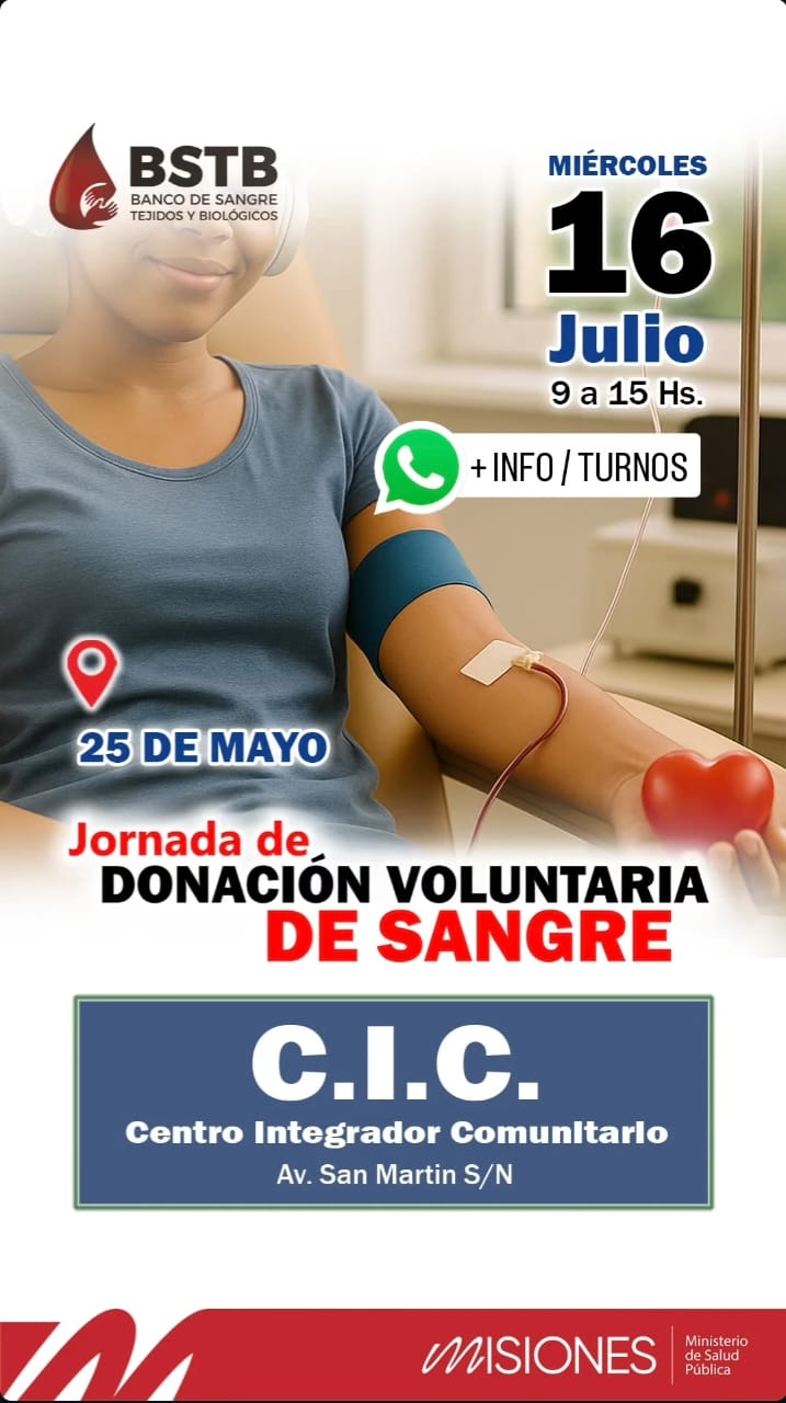 Julio solidario: habrá jornadas de donación de sangre en Posadas, Aristóbulo del Valle, 25 de Mayo y San Pedro 7 Julio solidario: habrá jornadas de donación de sangre en Posadas, Aristóbulo del Valle, 25 de Mayo y San Pedro imagen-6