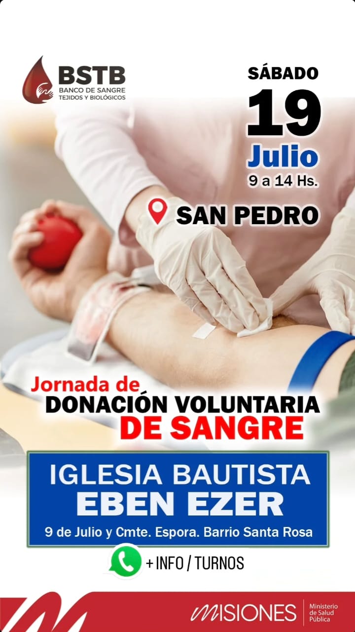 Julio solidario: habrá jornadas de donación de sangre en Posadas, Aristóbulo del Valle, 25 de Mayo y San Pedro 5 Julio solidario: habrá jornadas de donación de sangre en Posadas, Aristóbulo del Valle, 25 de Mayo y San Pedro imagen-4