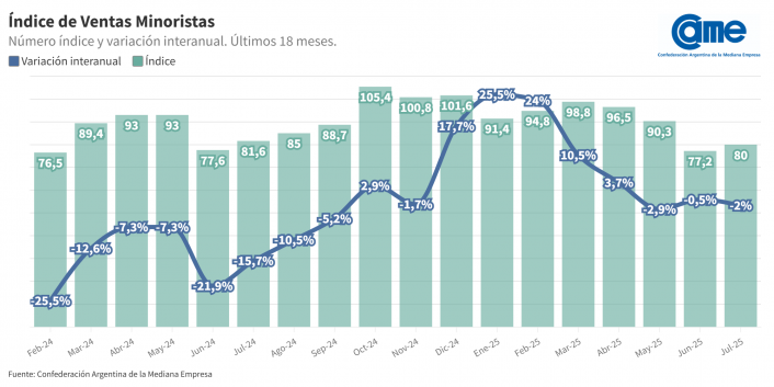 Las ventas minoristas pyme bajaron 2% interanual en julio, según Came imagen-4
