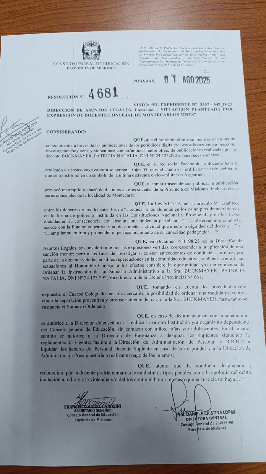 "Falcon verde para acarrear zurditos llorando": el CGE niega "persecución ideológica" a la docente de Montecarlo sumariada y suspendida en el cargo, investigan cómo llegó a ser Vicedirectora imagen-2