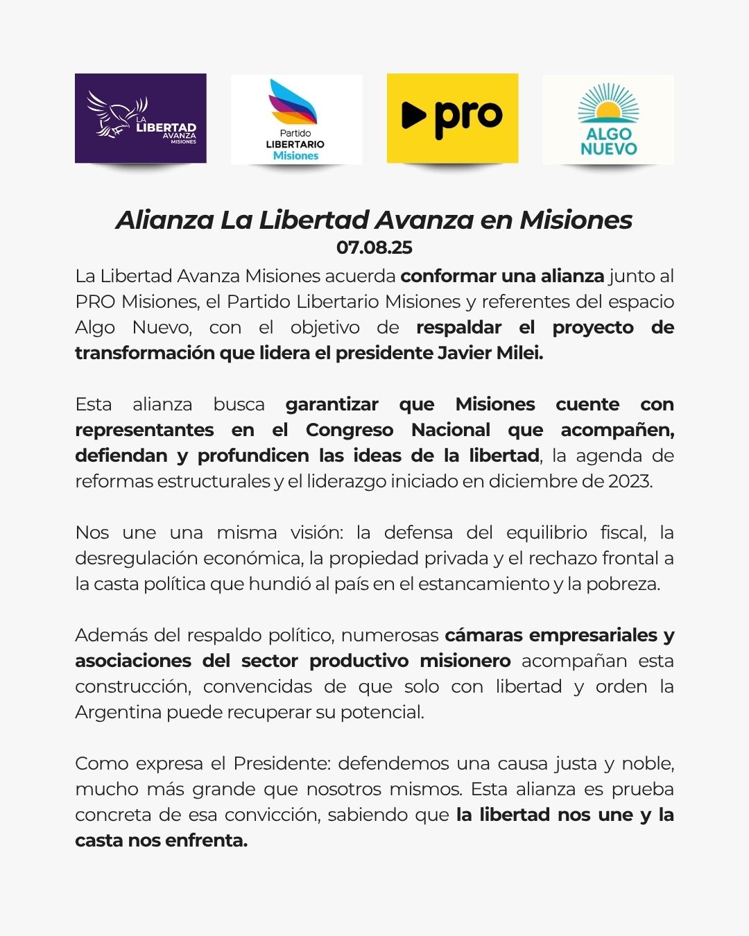 Elecciones legislativas nacionales: La Libertad Avanza y el PRO, junto a otros espacios libertarios, conformaron en Misiones una nueva Alianza para octubre imagen-2