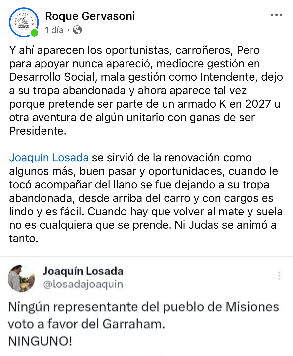 Contrapunto: Gervasoni tildó de "carroñero" a Joaquín Losada por cuestionar a diputados nacionales misioneros que no votaron "a favor del Garrahan" 5 Contrapunto: Gervasoni tildó de "carroñero" a Joaquín Losada por cuestionar a diputados nacionales misioneros que no votaron "a favor del Garrahan" imagen-4