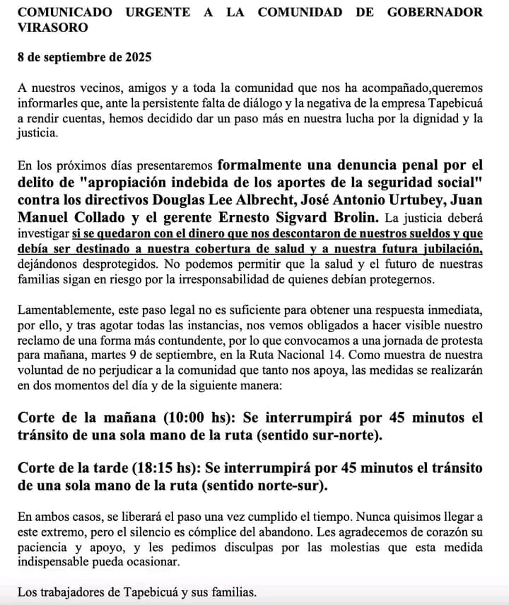Virasoro: en reclamo del pago de haberes, trabajadores de la forestadora Tapebicua cortarán la ruta 14 imagen-23