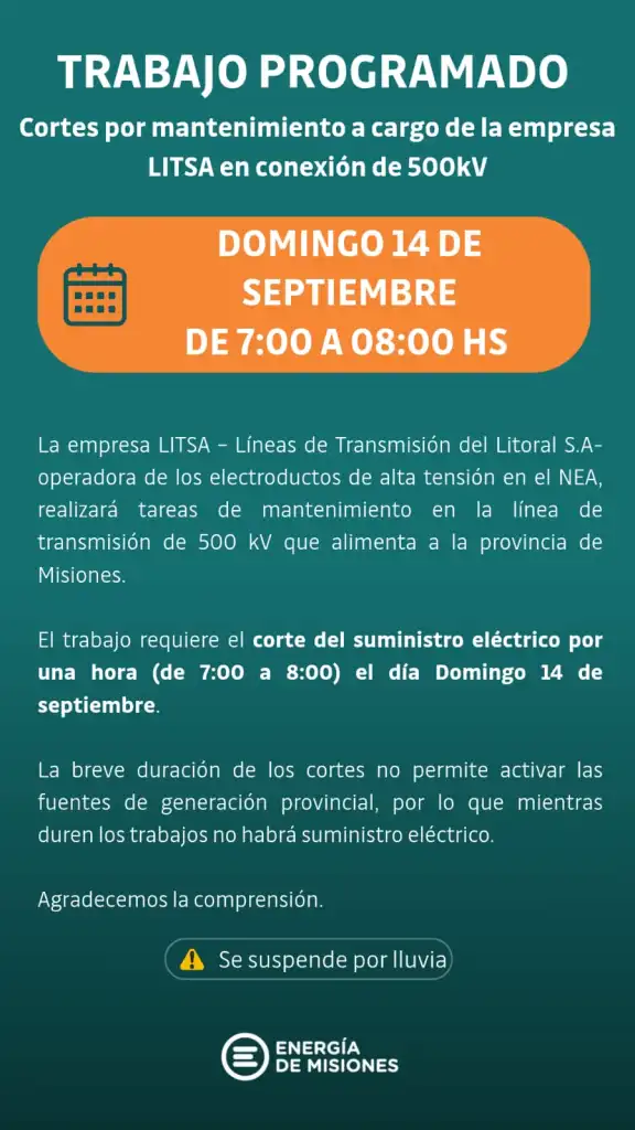 Energía de Misiones anunció interrupción del suministro eléctrico el domingo por mantenimiento 3 Energía de Misiones anunció interrupción del suministro eléctrico el domingo por mantenimiento imagen-2