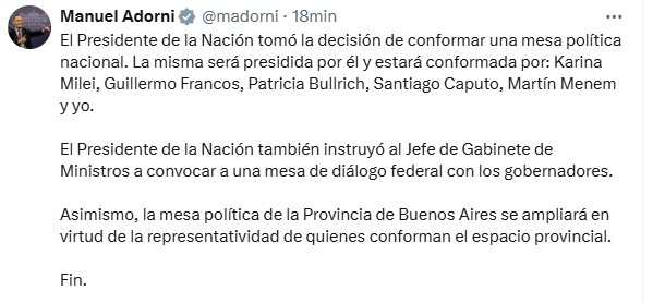 Milei convocó al diálogo a los Gobernadores y armará una mesa política con Karina, Caputo y Menem imagen-2