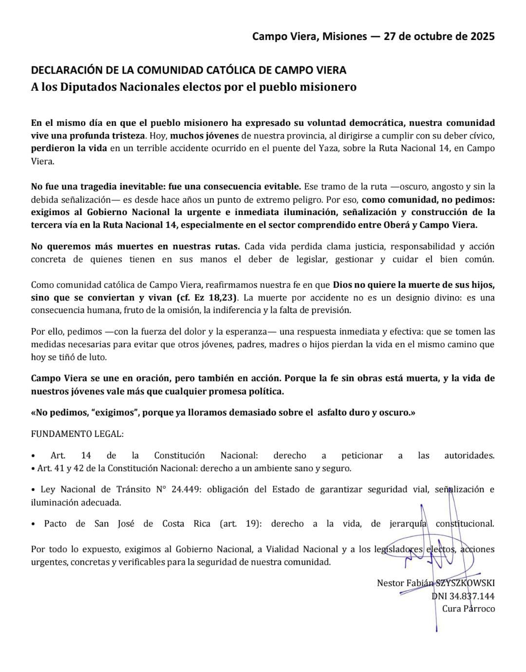 Tragedia vial en la Ruta Nacional 14: declaración de la comunidad católica de Campo Viera 3 Tragedia vial en la Ruta Nacional 14: declaración de la comunidad católica de Campo Viera imagen-2
