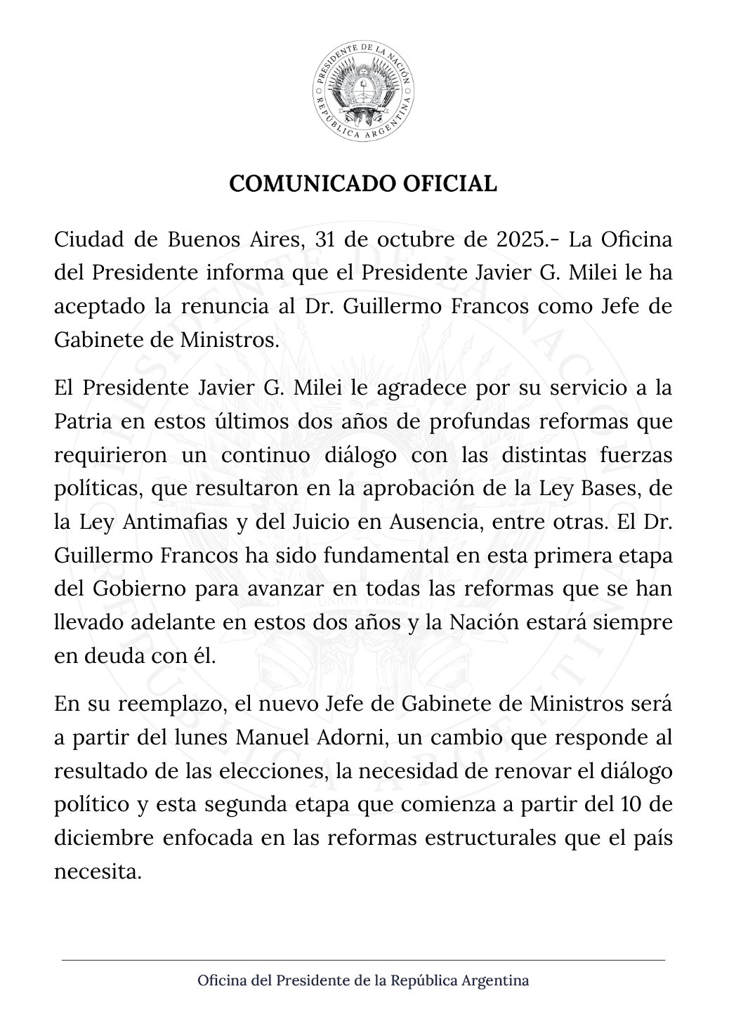 Guillermo Francos le presentó su renuncia a Javier Milei como jefe de Gabinete: lo reemplazará Manuel Adorni 2 Guillermo Francos le presentó su renuncia a Javier Milei como jefe de Gabinete: lo reemplazará Manuel Adorni imagen-1