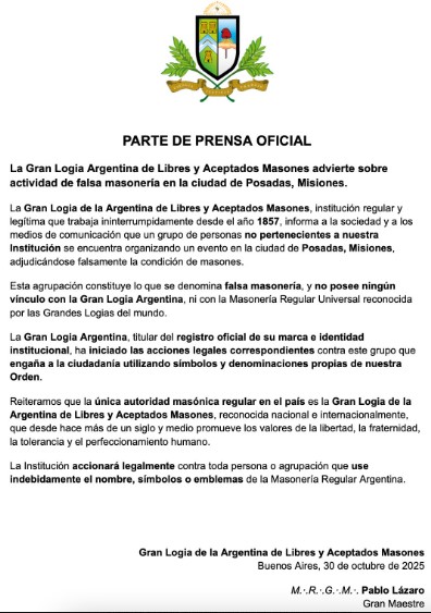 La Gran Logia Argentina de Libres y Aceptados Masones advierte sobre actividad de "falsa masonería" en Posadas 2 La Gran Logia Argentina de Libres y Aceptados Masones advierte sobre actividad de "falsa masonería" en Posadas imagen-1