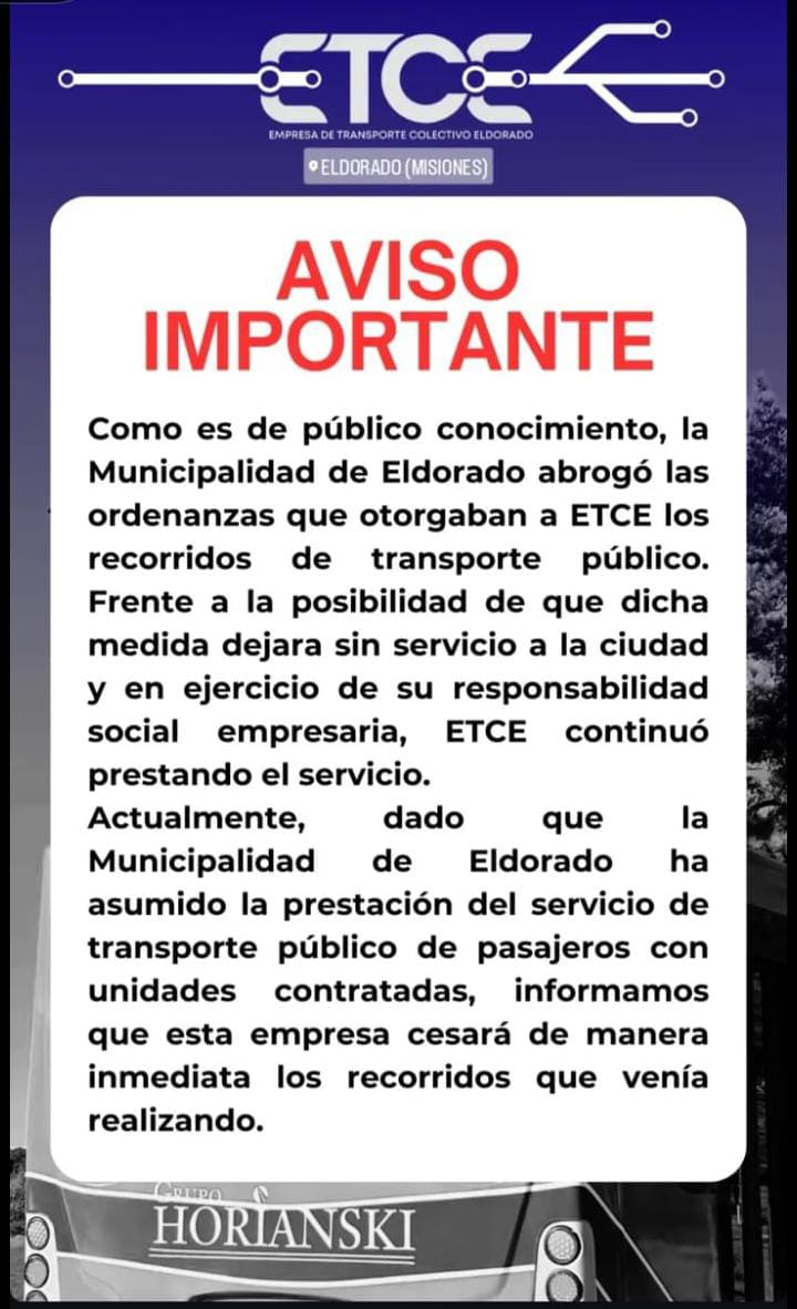La ETCE dejará de prestar sus recorridos en Eldorado tras la asunción del servicio de transporte público por parte de la Municipalidad imagen-2