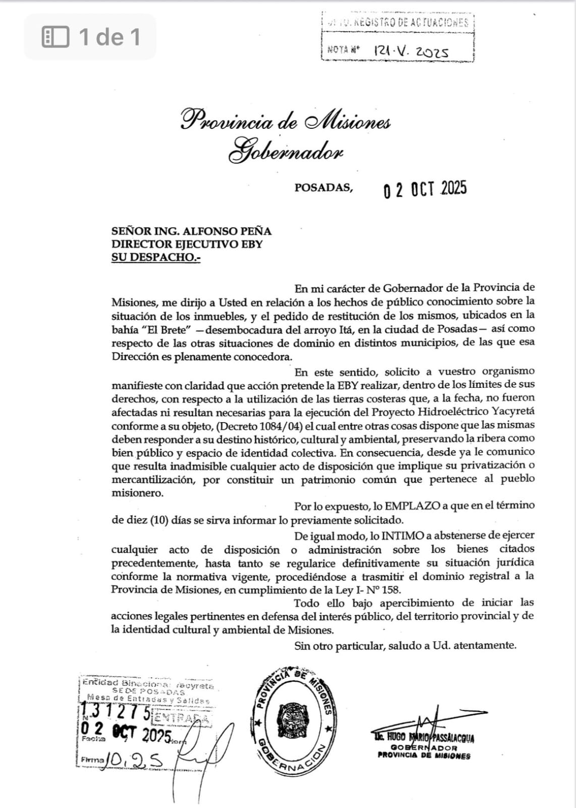Passalacqua intimó a la EBY a cumplir la Ley I-158 y transferir a Misiones los terrenos costeros que no fueron utilizados para la represa imagen-2