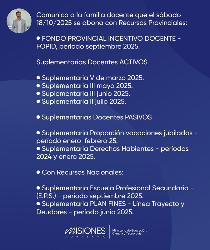 El sábado 18 se abona el Fondo Provincial de Incentivo Docente y otros beneficios para el sector imagen-2