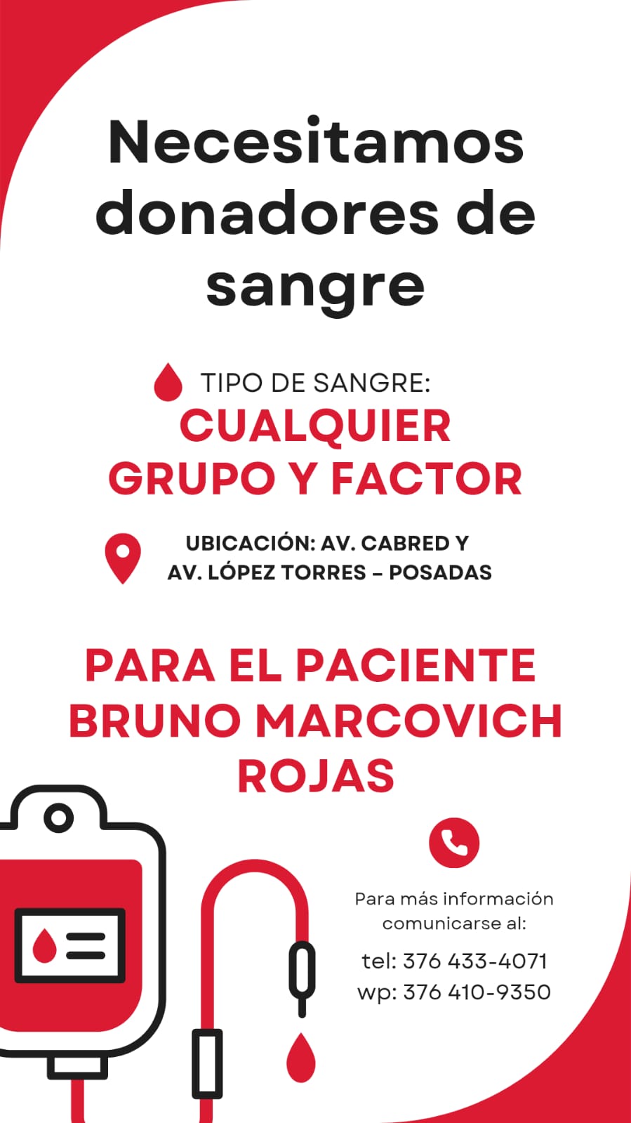 Llamado solidario en Posadas: necesitan donantes de sangre para el paciente Bruno Marcovich Rojas imagen-2