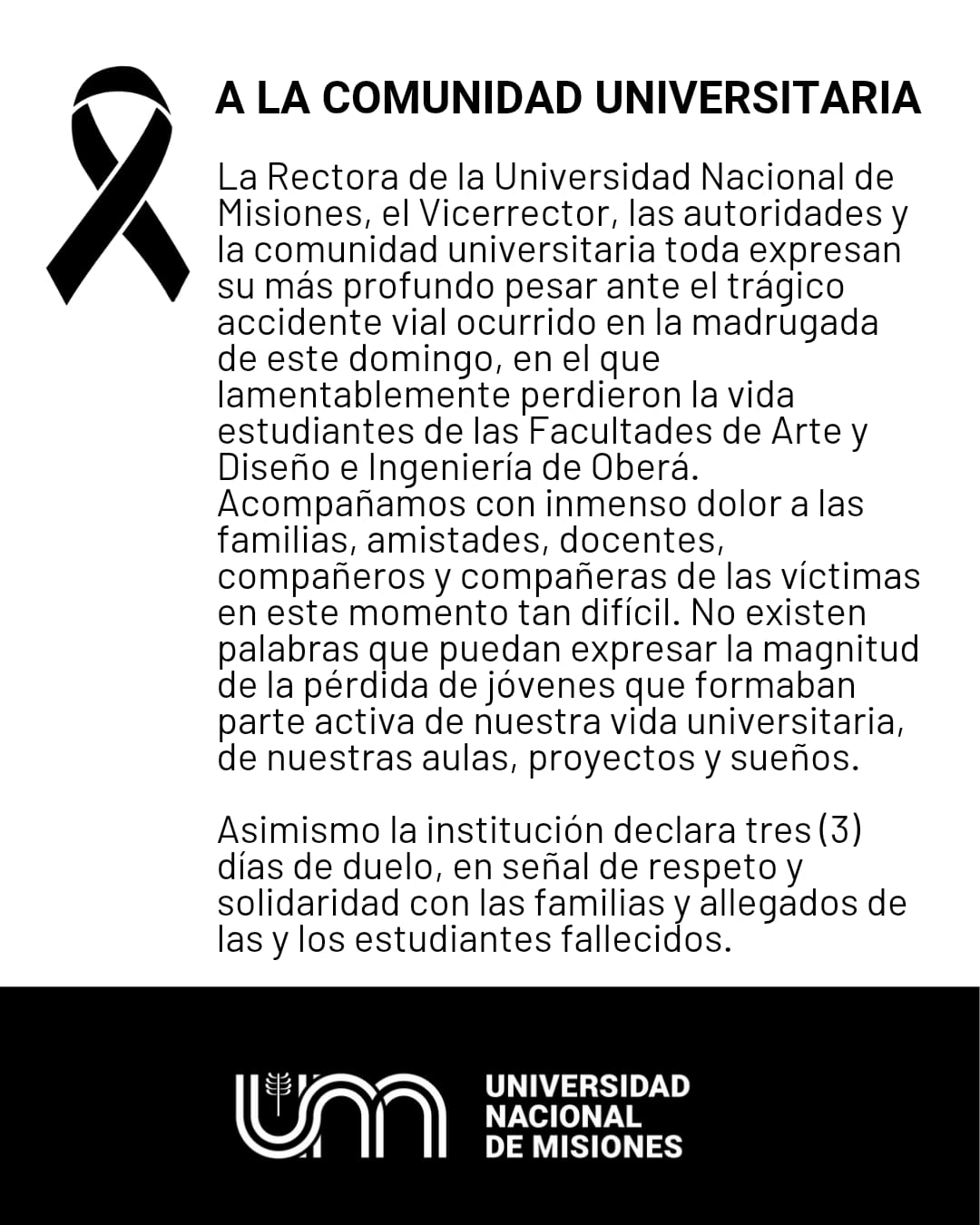 Tragedia vial en la Ruta Nacional 14: la Unam declaró tres días de duelo por el fallecimiento de estudiantes universitarios 3 Tragedia vial en la Ruta Nacional 14: la Unam declaró tres días de duelo por el fallecimiento de estudiantes universitarios imagen-2